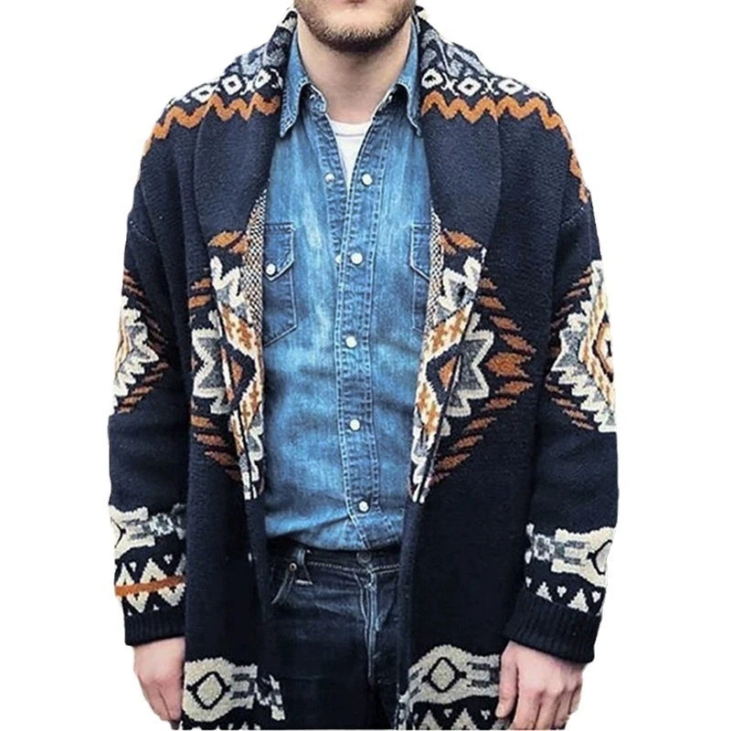 

Men's American Elegant Fashion Retro Heavy duty Knitted Coat Geometric Jacquard Long Sleeve Cardigan Sweater