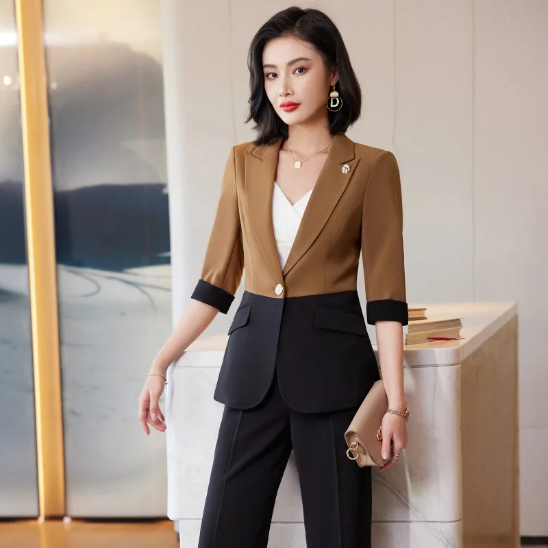 Fashion Stitching Design Sense Suit Women's Summer2023New High-End Professional Tailored Suit Bell-Bottom Pants Two-Piece Set