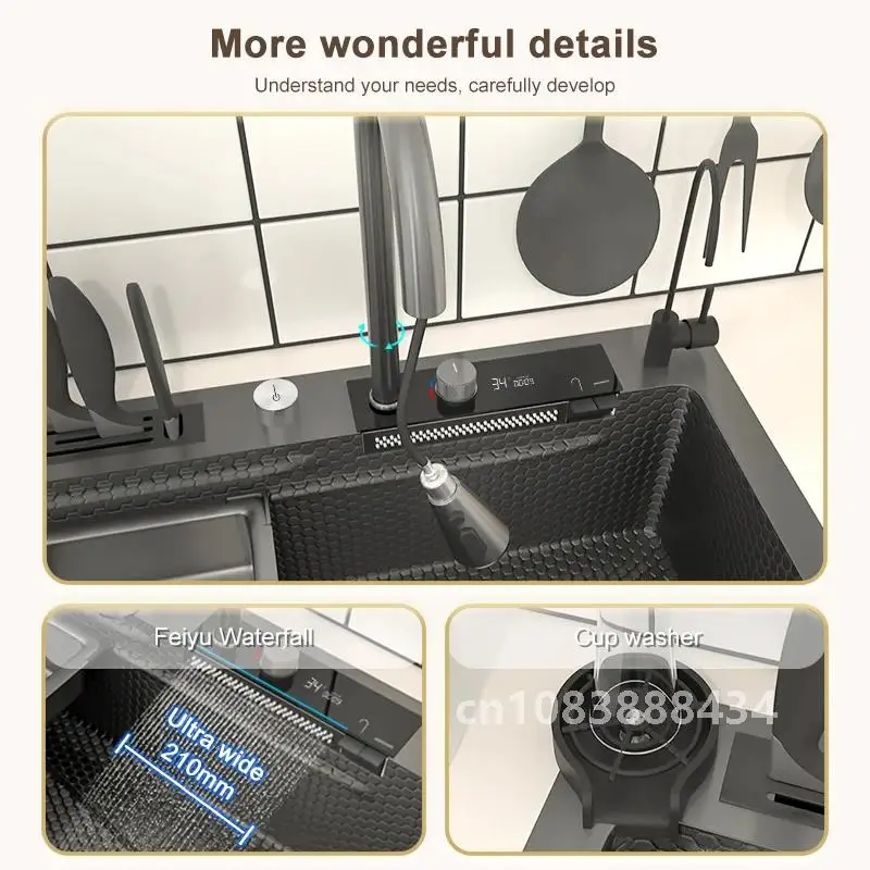 Digital Display Waterfall Kitchen Sink Large Single Slot Nano Stainless Steel Sink Undercounter Honeycomb embossed Washbasin