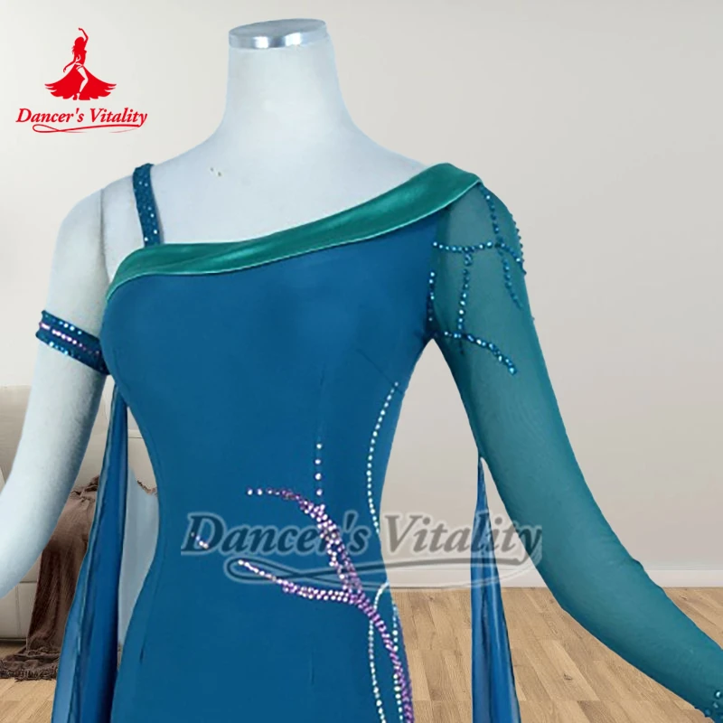 Adult Waltz Competition Clothes Women Social Dance Peacock Blue Unilateral Sleeves Wrapped Hips Dresses Custom Dancer's Vitality