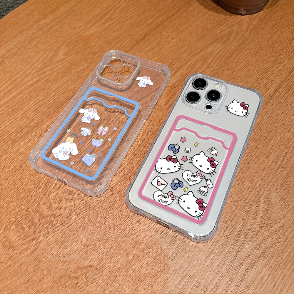 Cute cinnamoroll hello kitty Card Hold Case For iPhone 15 14 13 12 11 Mini Pro Max X XR XSMax 6 7 8 Plus Anti-fall Clear Cover