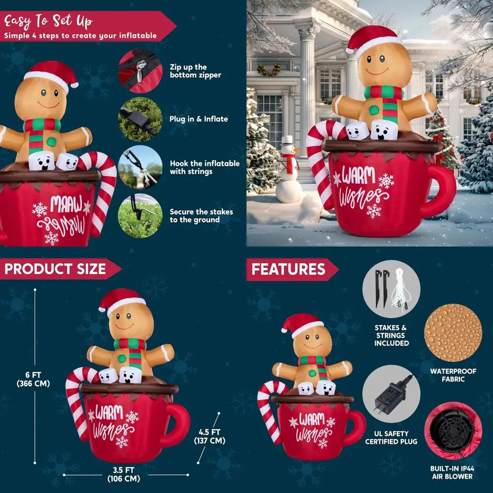 

6-Foot Inflatable Gingerbread in Hot Cocoa Mug with LED Lights, Adorable Outdoor Christmas Lawn Decoration