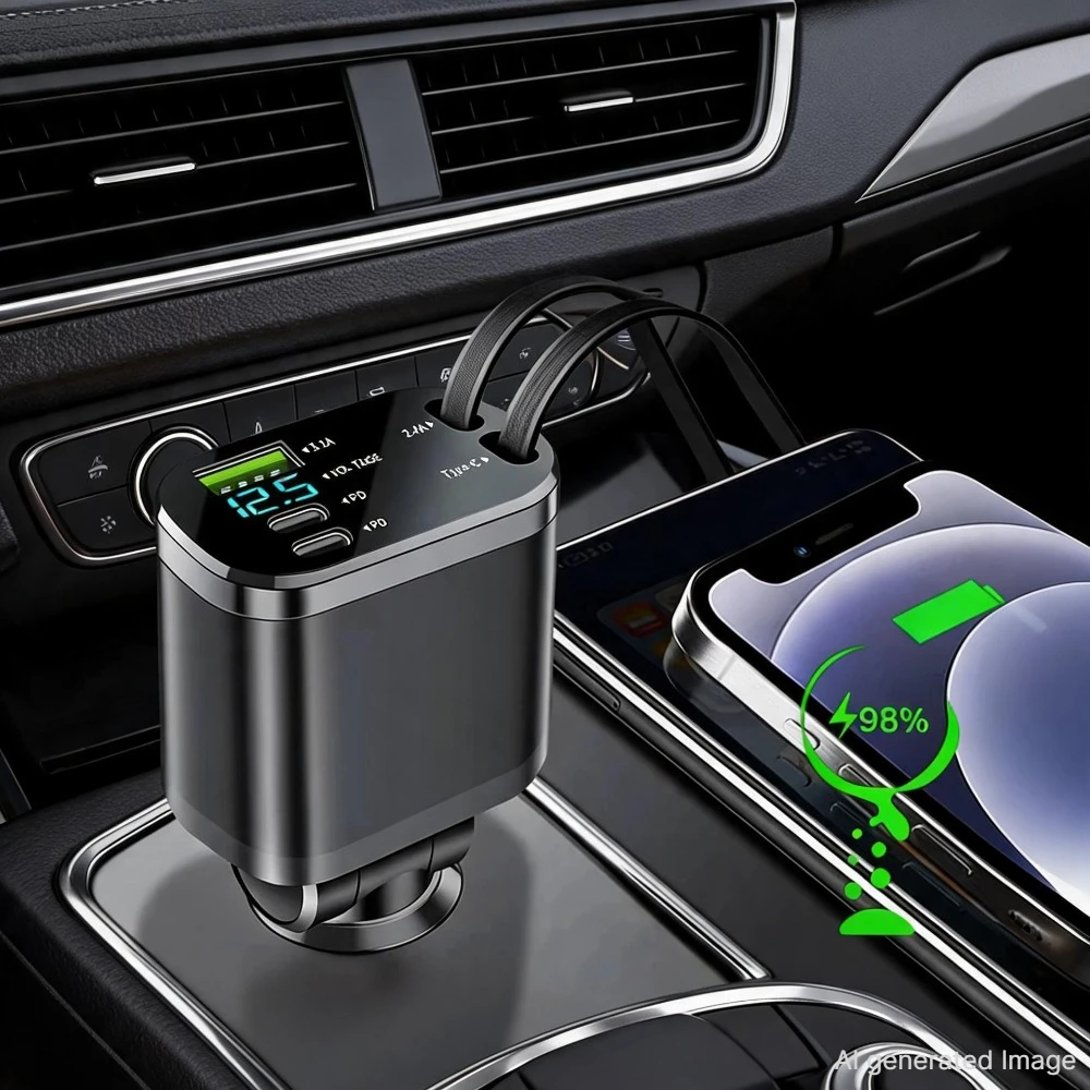 150W Auto-Ladegerät-Adapter 5 IN 1 Schnellladung USB Typ C Auto-Ladegerät mit einziehbaren Typ C-Kabeln für iPhone Huawei Samsung 2028
