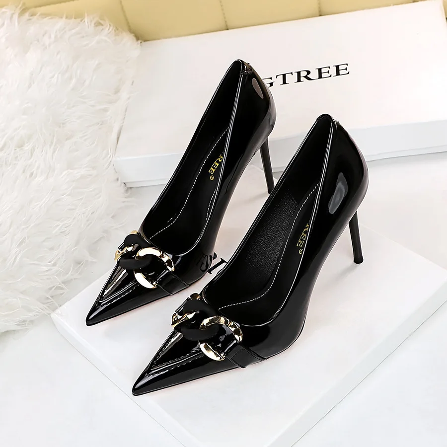 Women Pumps Shoes Style Fashion Heels Women's Thin Lacquer Leather Shallow Mouth Pointed High Metal Belt Buckle Ladies  Shoese