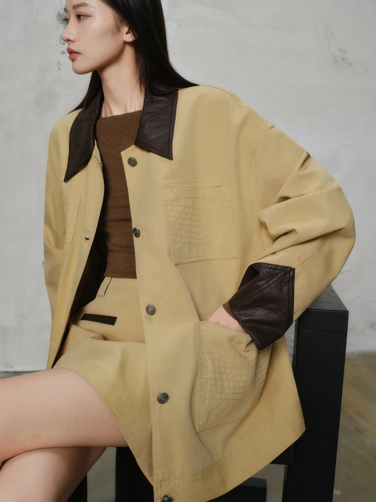 

Женское пальто средней длины из искусственной кожи цвета хаки с комбинированным воротником, повседневное, с длинными рукавами, осенне-зимнее