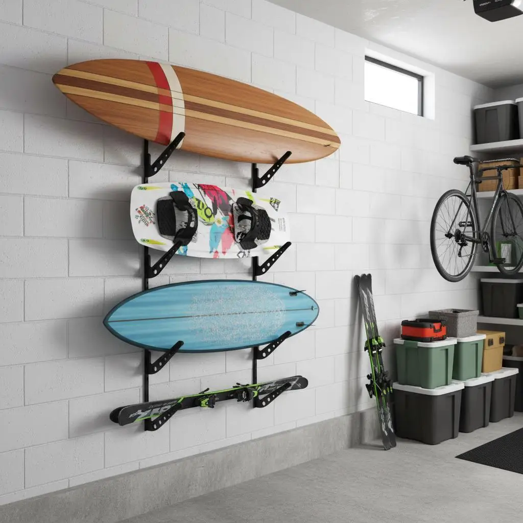 

Surfboard Storage Hanger 4-Tier Horizontal Rack For Garage Basement Surf Shop, Adjustable Height Metal Board Organizer Stand