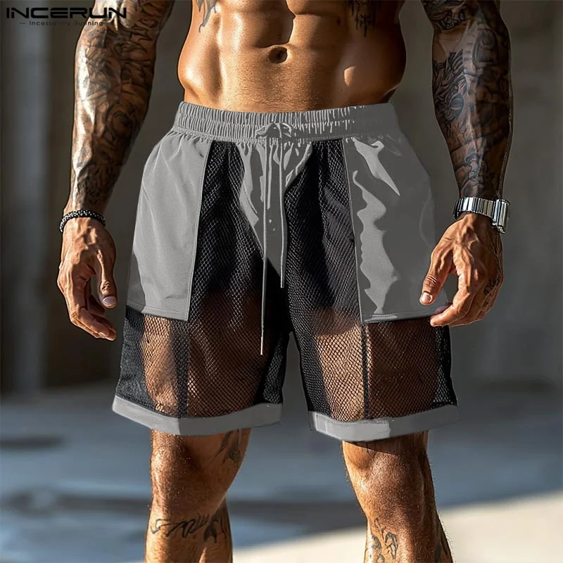INCERUN Men Shorts Mesh Patchwork Transparent Drawstring Loose Casual Male Shorts Streetwear 2025 Fashion Breathable Men Bottoms