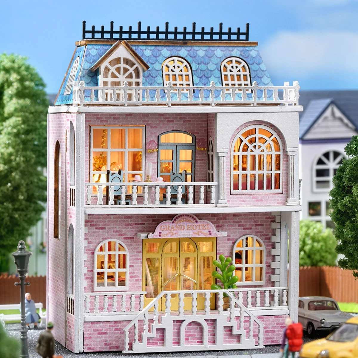 Mini Assembly Model Pink Princess Villa Architecture Kit Handmade 3D Puzzle DIY Doll House Toy Home Creative Room Bedroom Decora