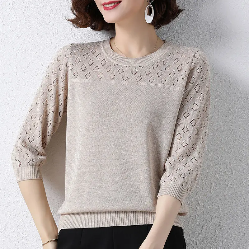 Solid Office Lady Hollow Out Round Neck Three Quarter Sleeve Casual Simplicity Temperament Autumn Winter Women\'s Clothing 2022