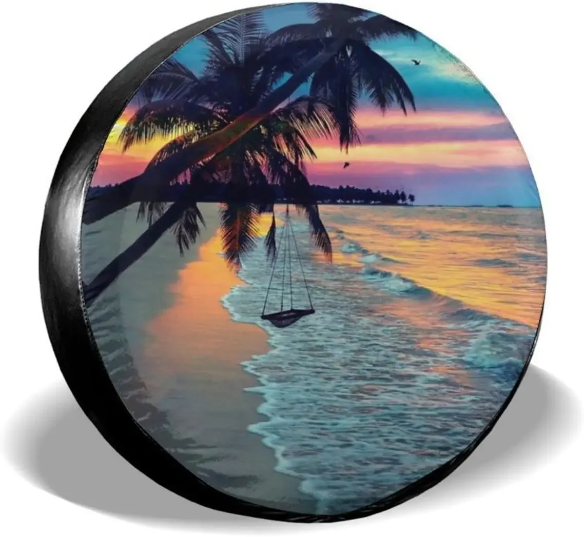 Beaches Sunsset Print Spare Tire Cover Wheel Cover Waterproof Universal Fit for Trailer Rv SUV Camper 16 Inch White Wheel Cover