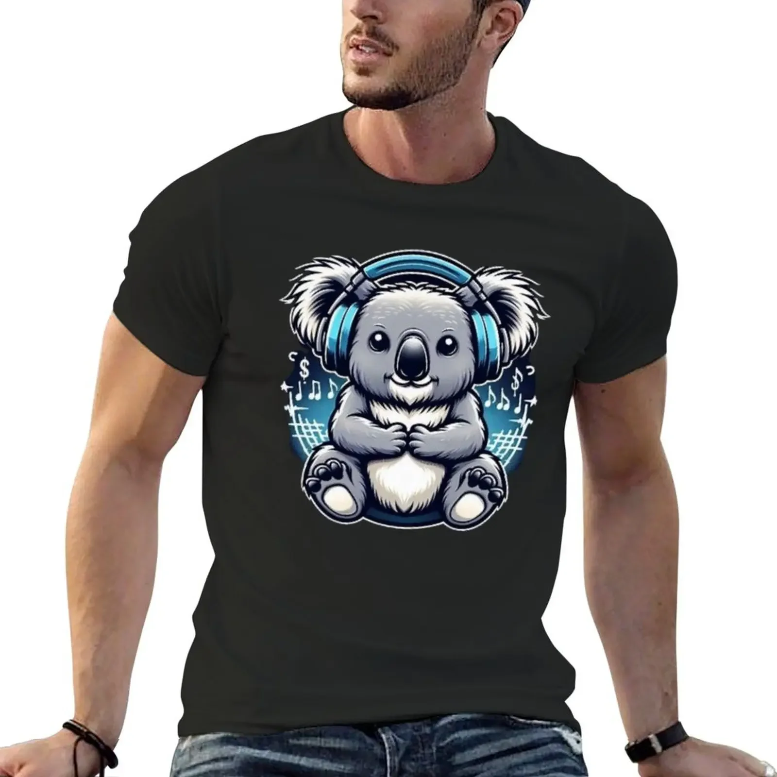 

Cute Baby koala WEARING HEADPHONES: Cute koala wearing headphone T-Shirt summer tops blacks customizeds Short sleeve tee men