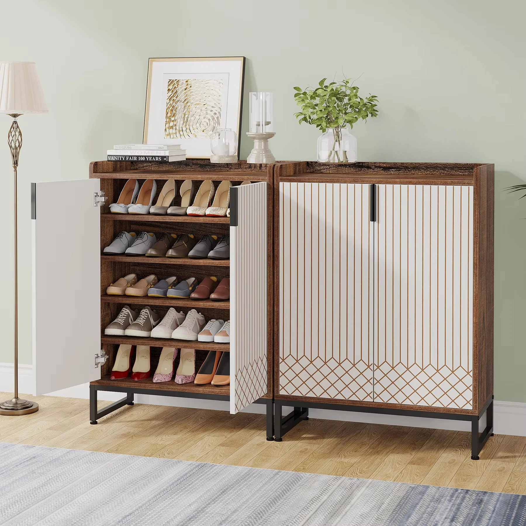 

Пятиуровневый шкаф для обуви с дверцей, коричнево-белый деревянный шкаф на 25 пар обуви, компактная полка для хранения обуви