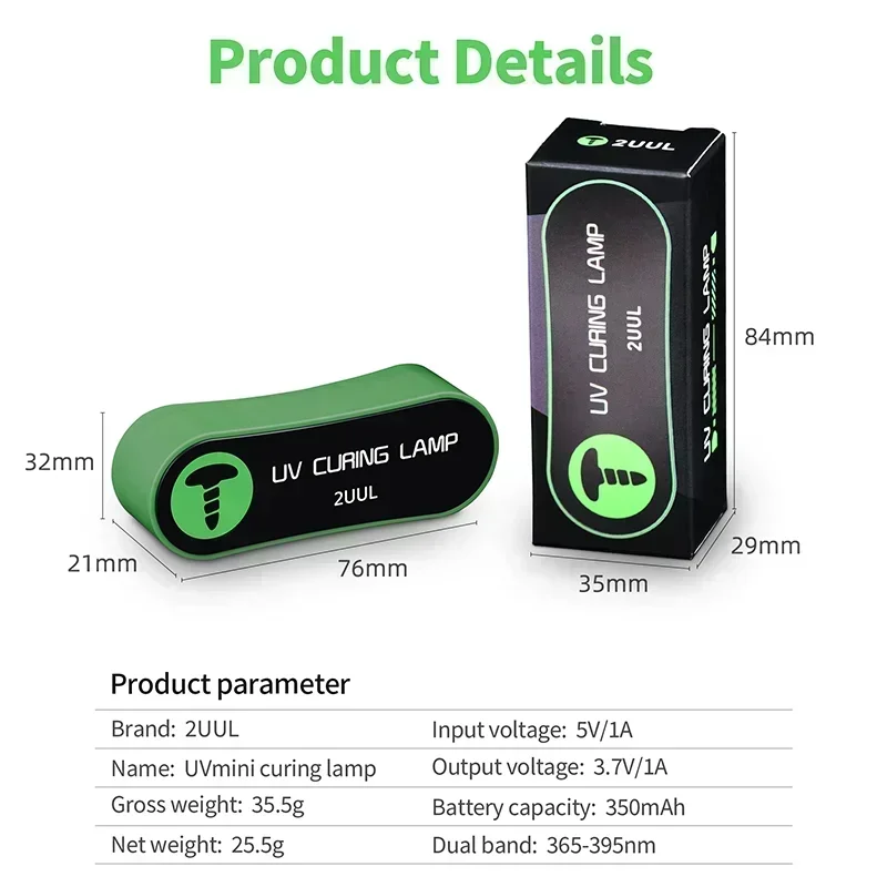 2UUL SC08 365-395nm Dual Band Mini UV Curing Lamp for Mobile Phone Circuit Board UV Optical Glue Solder Mask Ink Repair Tool