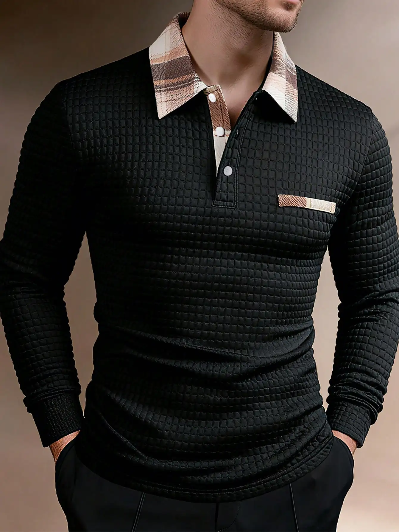 

Мужская черная текстурированная рубашка-поло с длинным рукавом и клетчатой нашивкой на воротнике, повседневная осенняя рубашка