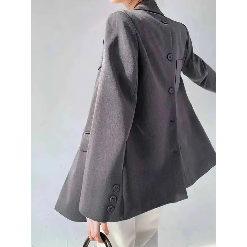 

Дизайнерский женский блейзер с пуговицами на спине, серый, с вырезами, длинными рукавами, модное женское пальто, новая весенняя одежда