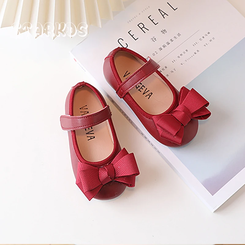 Classic Ribbon Bowknot Ballet Flats Girls Fashion Red Mary Jane Shoes Baby Child Spring Pink Leatherette Dress Zapatos