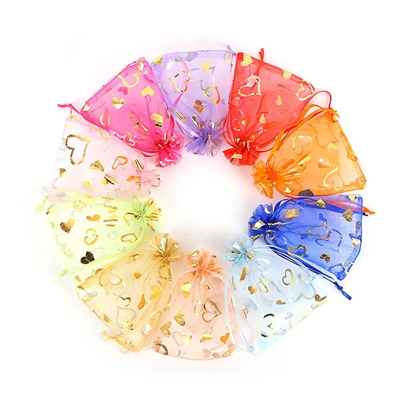 10PCS Love Heart Gift Organza Bag Gold Color Printing Drawstring Jewelry Pouch For Party Wedding