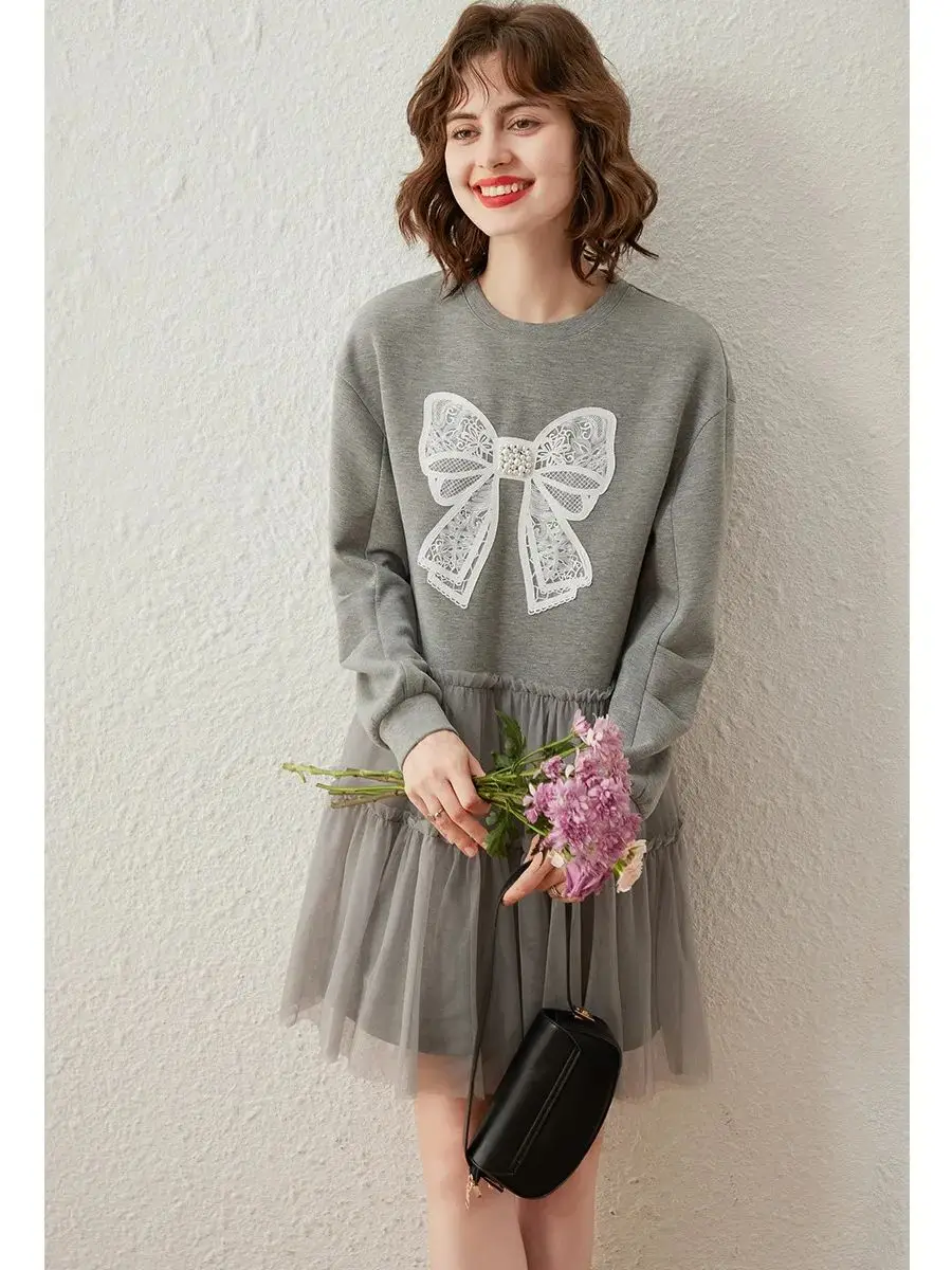 LOUIS YAO Women Mesh Patchwork Sweatshirt Dress Round Neck 2023 Autumn Sweet Butterfly Bow Patch Embroidered Long-sleeve Dress