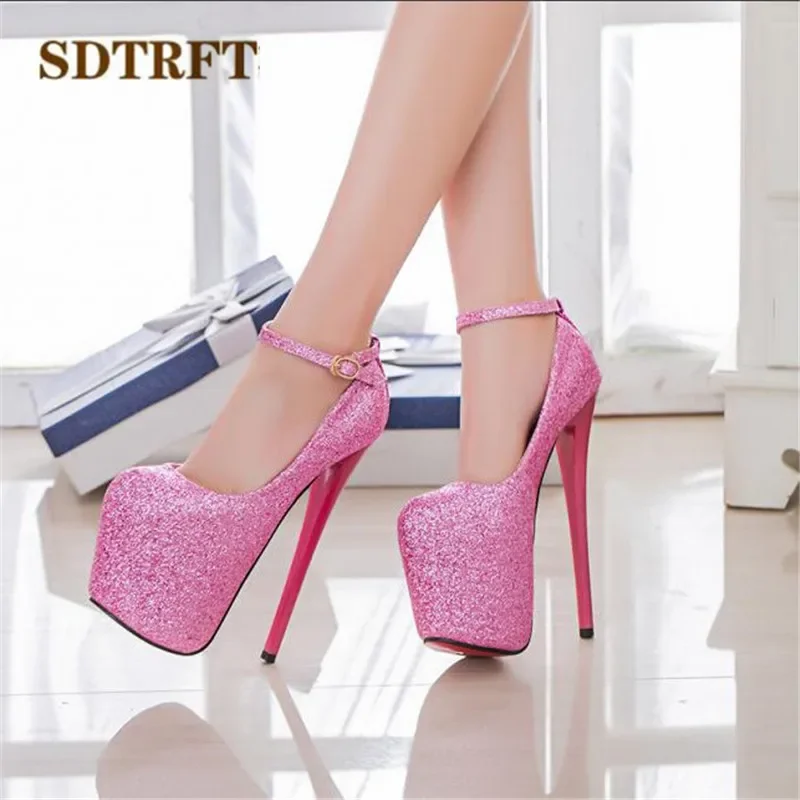 SDTRFT Crossdresser Stiletto 20cm Thin High Heels Female Shoes Woman Round Toe Sequined Platform Wedding Pumps Plus:47 48 49 50