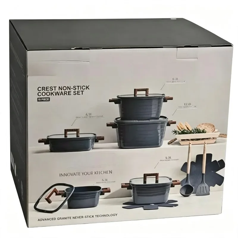 Hot Selling 15Pcs Square Soup Pot Set Diecasting Non-Stick Cookware for Induction Cooker