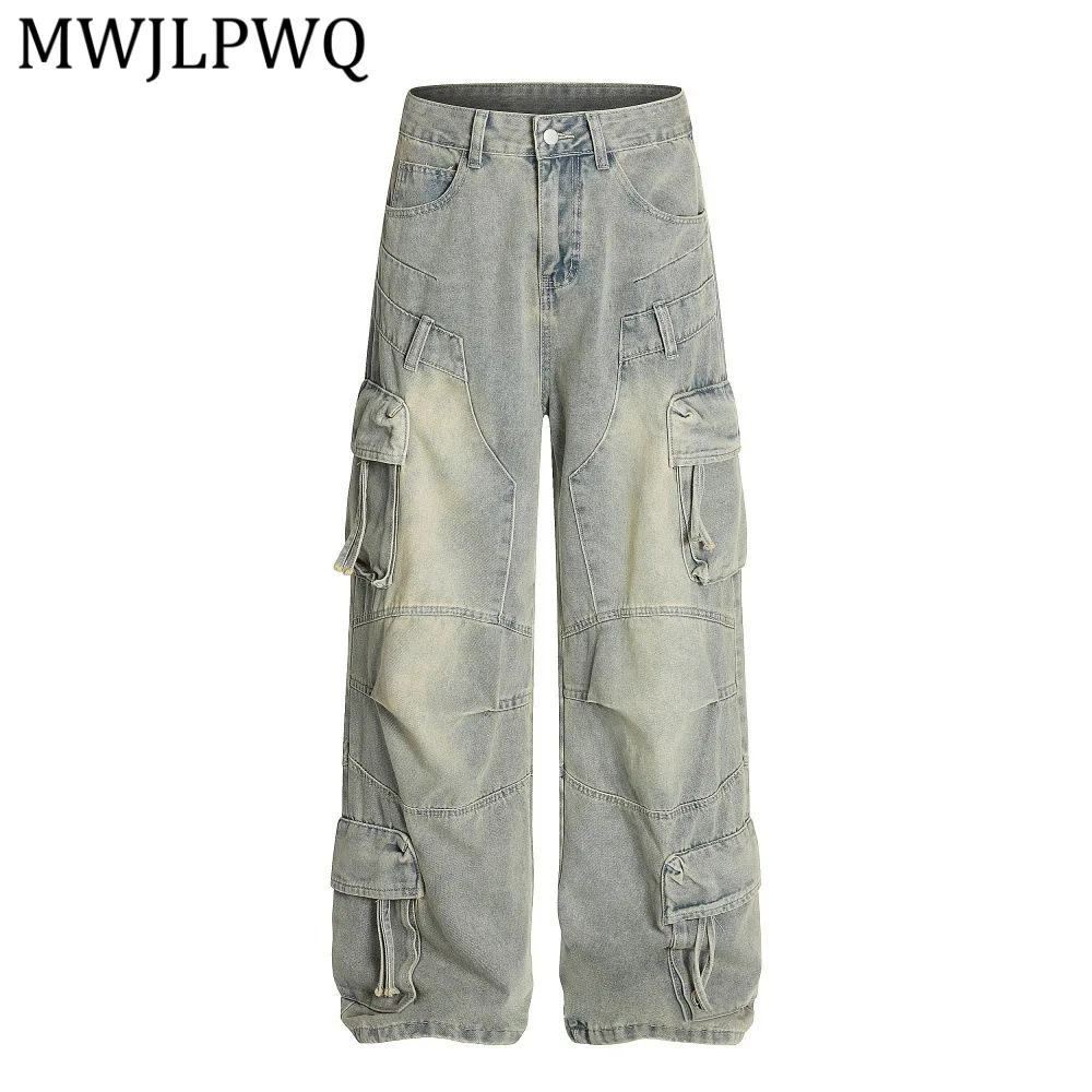 

Мужские джинсы MWJLPWQ Heavy-Duty Washed Cargo Denim в стиле панк с множеством карманов, нишевые, объемные, деконструированные, широкие штанины, модель 13740