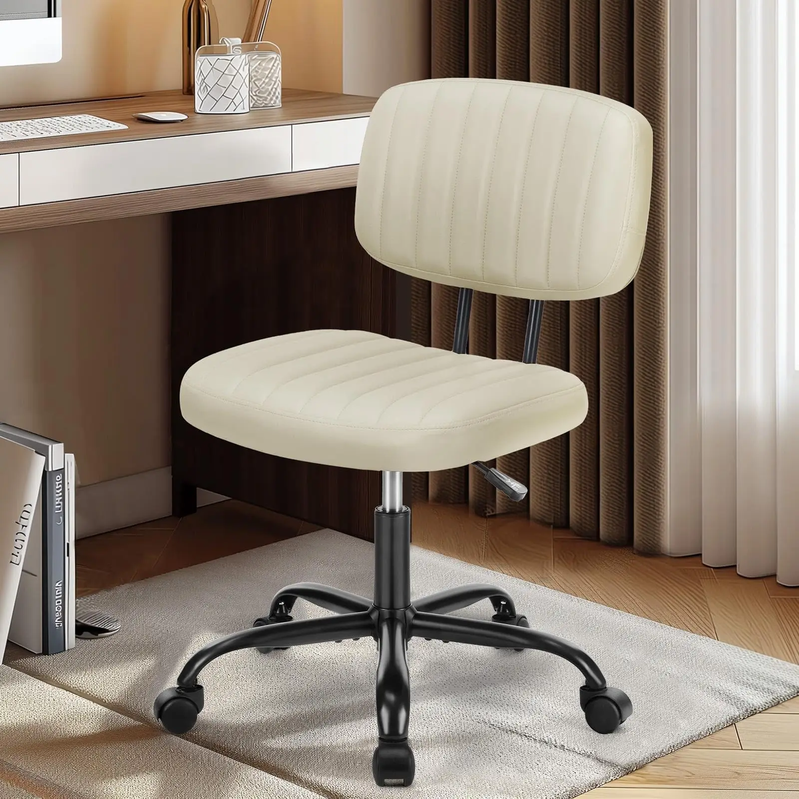 

Cream PU Leather Armless Office Chair With Vertical Stitching, Height Adjustable Swivel Base For Home Study And Bedroom