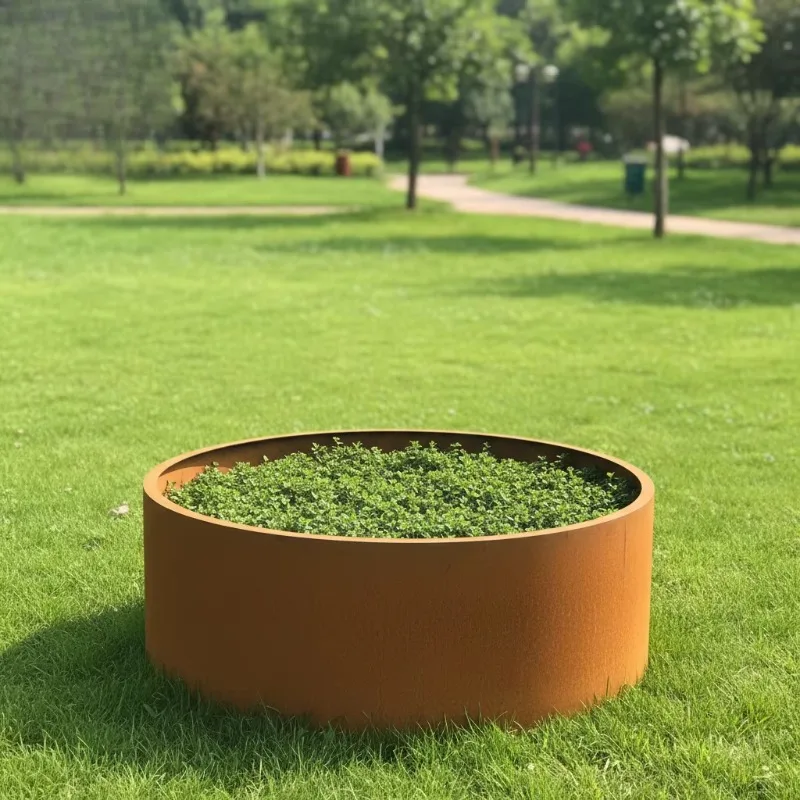 Short Cylindrical Metal Plant Trough Open Top Large Capacity Outdoor Garden Greenery Planting Container Three Optional Outer