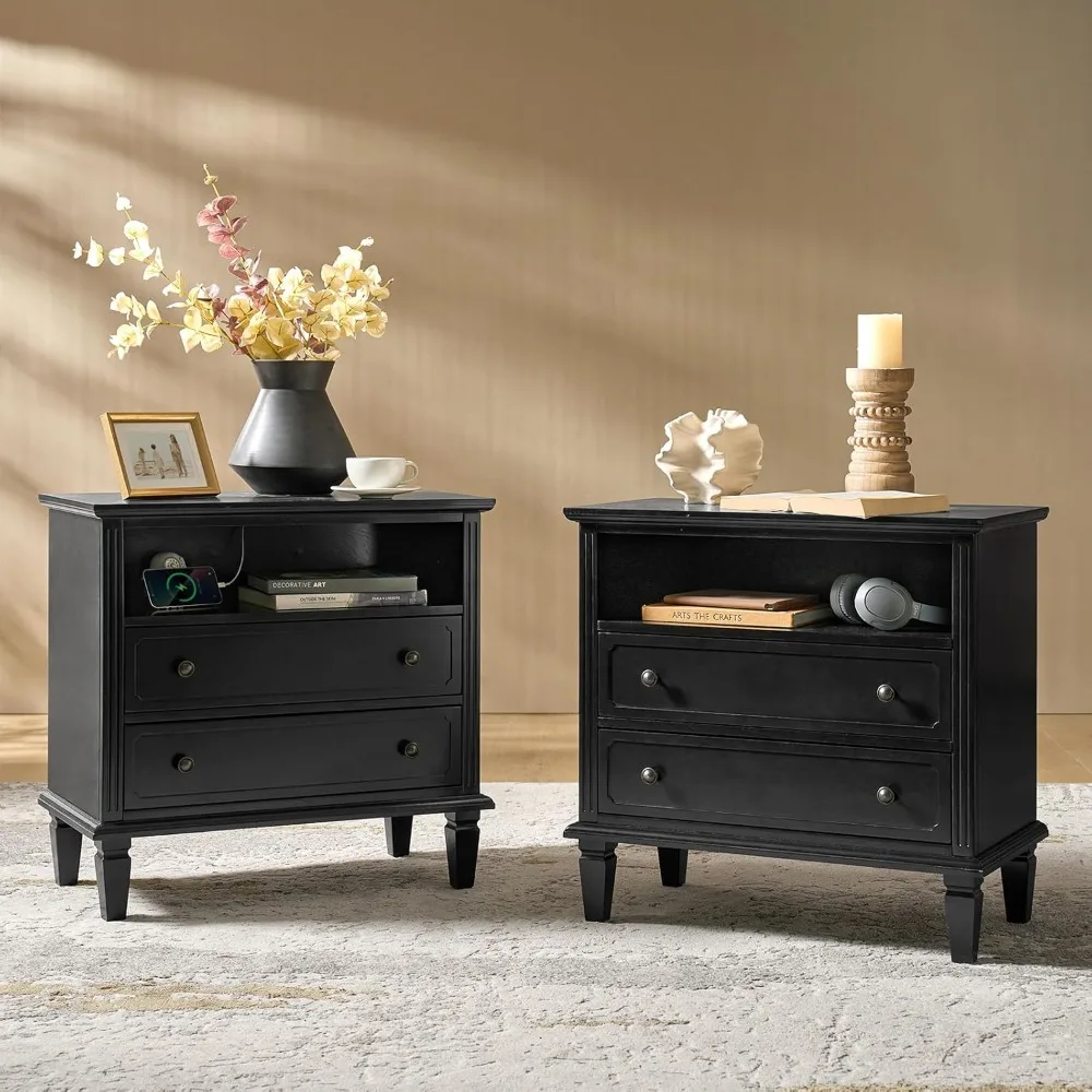 

"pair of farmhouse-style nightstands with charging ports and outlets, fluted pillar design bedside tables"