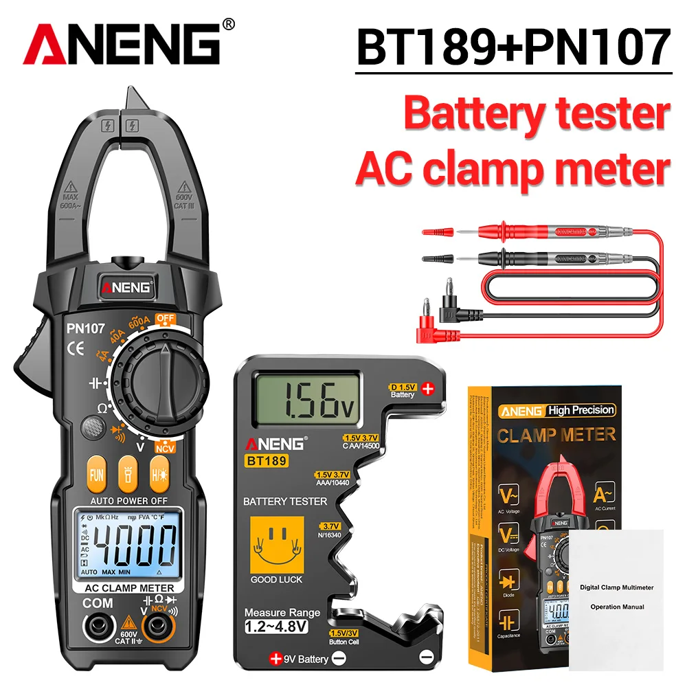 ANENG PN107 Digitale Stroomtang Multimeter Tester 600A Wisselstroom AC/DC Spanning + BT189 Batterij Detector Elektricien Gereedschap Kit