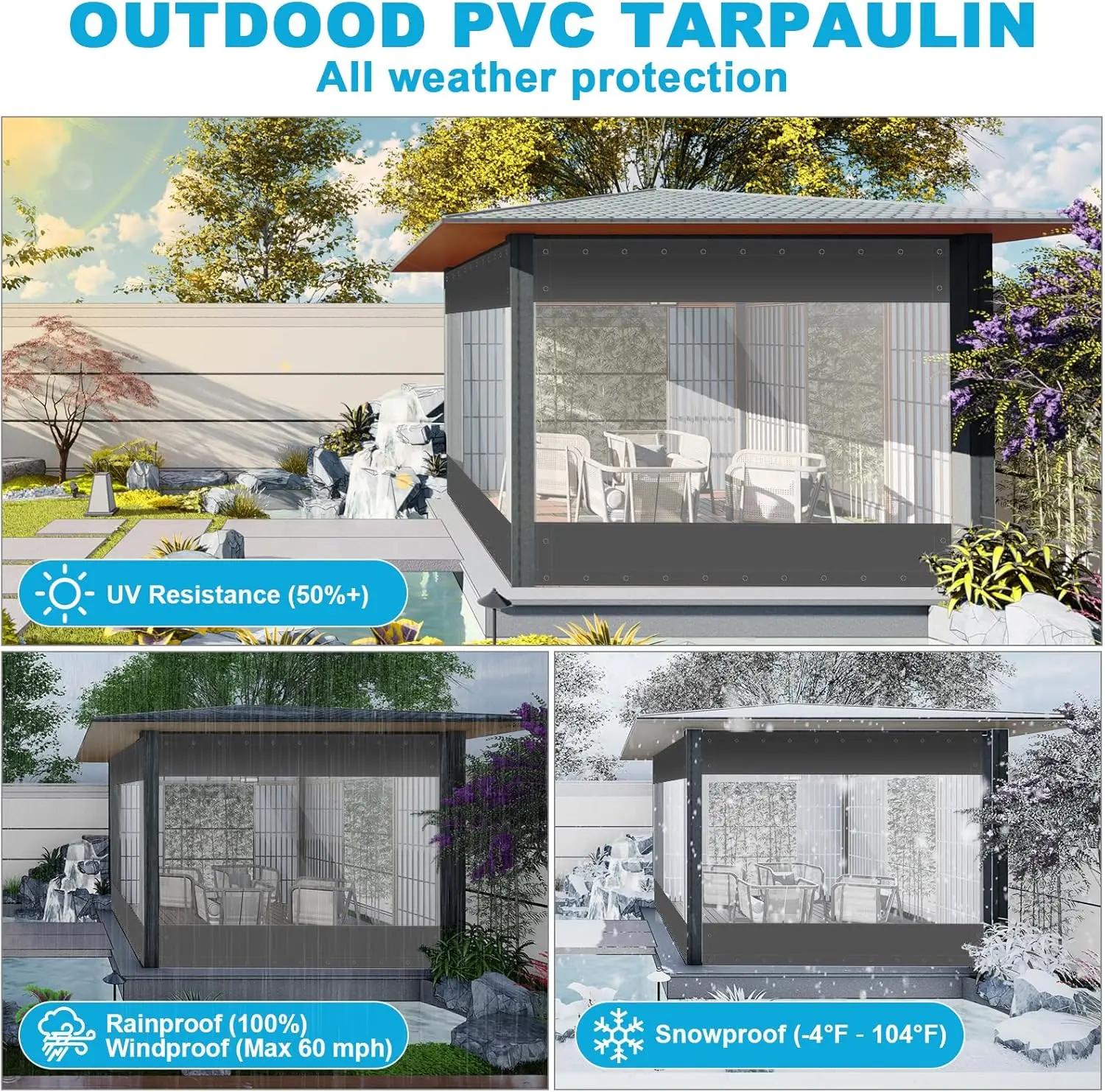 Wasserdichte transparente PVC-Plane mit Ösen, 0,55 mm, wetterfeste Outdoor-Plane, Vorhänge, Regenschutz für Pergola, Veranda, Pavillons – Detail 4