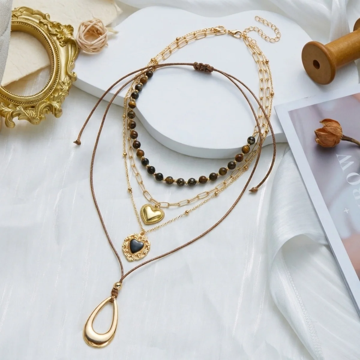 Retro Natürlicher Tigerauge-Stein Herz Hohler Wassertropfen Anhänger Halskette für Frauen Männer Mehrschichtige Tropfenform Stapelbare Choker-Schmuckstücke – Detail 30