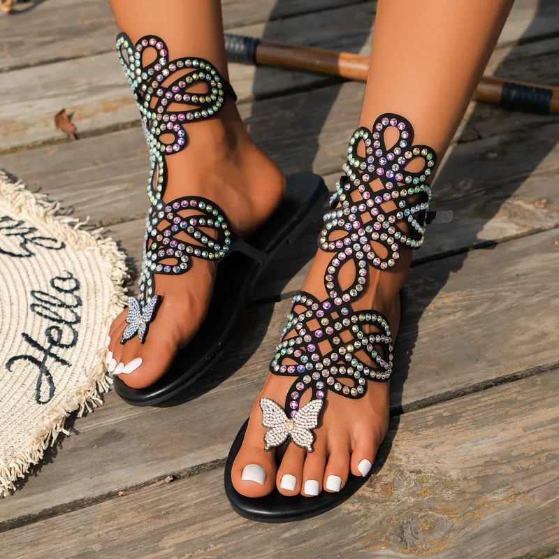 

Fashion Women's Slippers Butterfly Rhinestones Open-toe Slippers Women European American Large-size45 Rome Sandals Zapatos Mujer