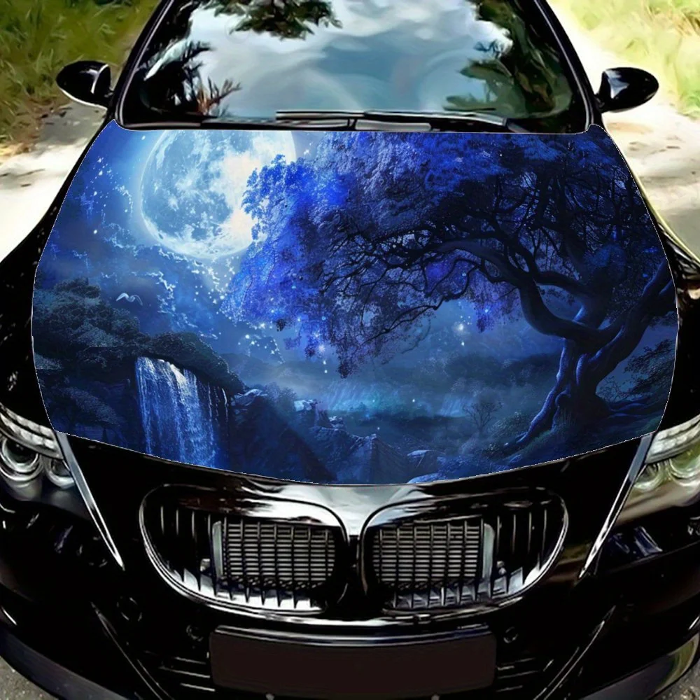 

Blue Moon Enchanted Forest Car Vinyl Wrap, PVC Waterproof Car Hood Sticker, Self-Adhesive Scratch-Resistant Stickers for Engine