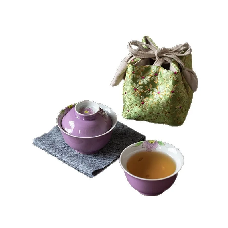 

Hibiscus Purple Peony Travel Tea Set, Personal Cover Bowl Cup, Hand Painted Quick Cup, Portable Brewing Gift Box