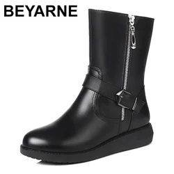 Big Size 35-43 Women Snow Boots Winter Thick Wool Warm Mid Calf Boots Women Fashion Soft Leather Low Wedge Cotton Boots