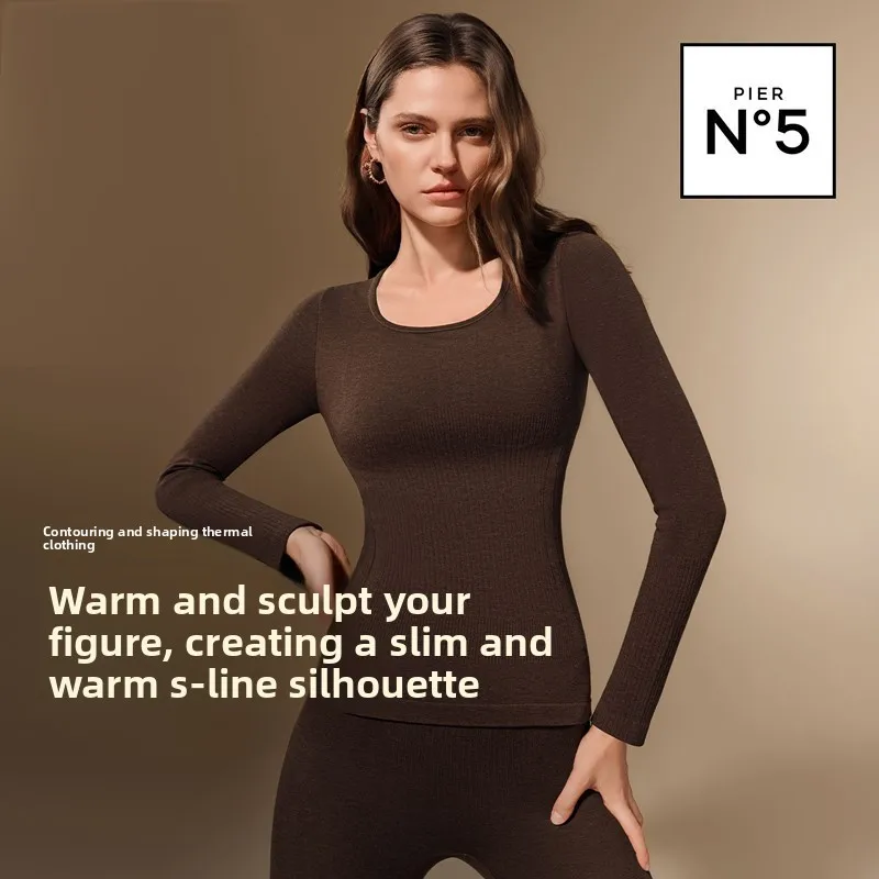 مجموعة واحدة من الملابس الداخلية الحرارية الشتوية للنساء، ملابس دافئة ضيقة للتخسيس وأكمام طويلة، سراويل حرارية وقميص حراري