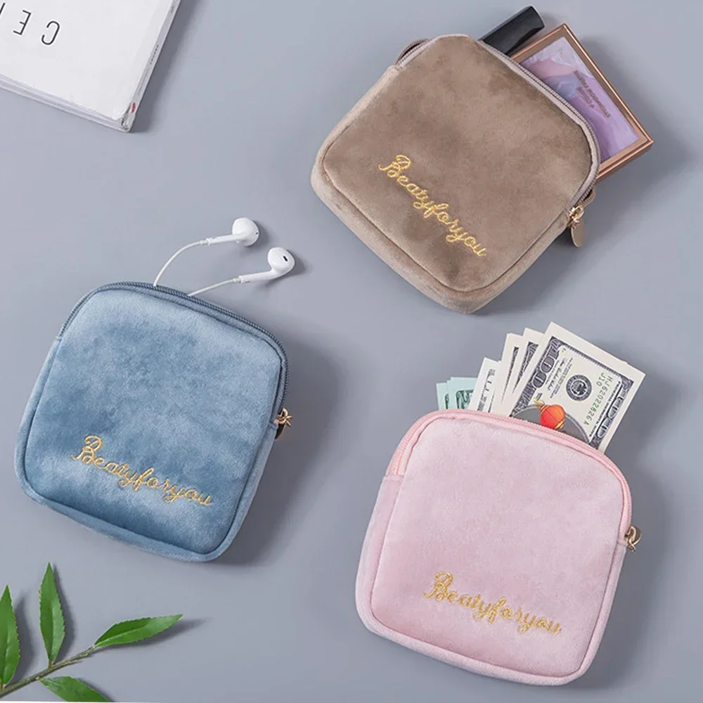 Velvet Portable Cosmetic Bag Travel Mini Coin Money ID Card Lipstick Storage Case Women Sanitary Napkin Tampon Packaging Pouch