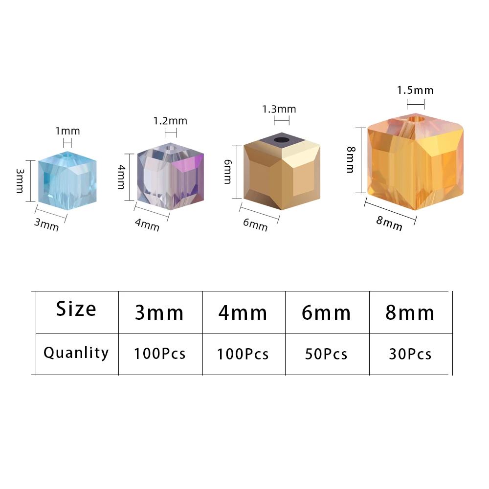3‑8mm Assorted Faceted Square Crystal Glass Cube Beads, Sparkling Loose Spacer Beads for Jewelry Apparel Decorative Accessories
