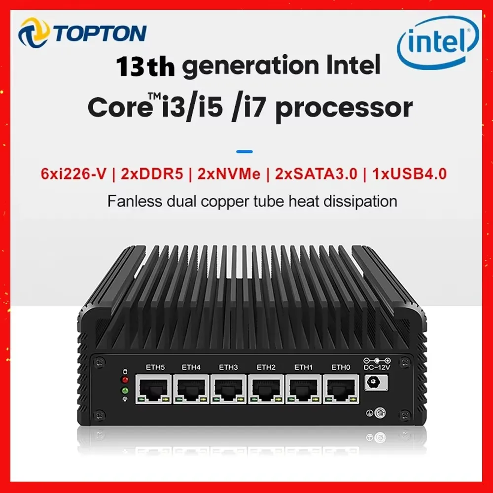 

13th Gen Soft Router Intel i7 1355U i5 1335U i3 1315U 6xi226-V 2.5G USB4.0 2xDDR5 Fanless Mini PC NAS Firewall Appliance Proxmox