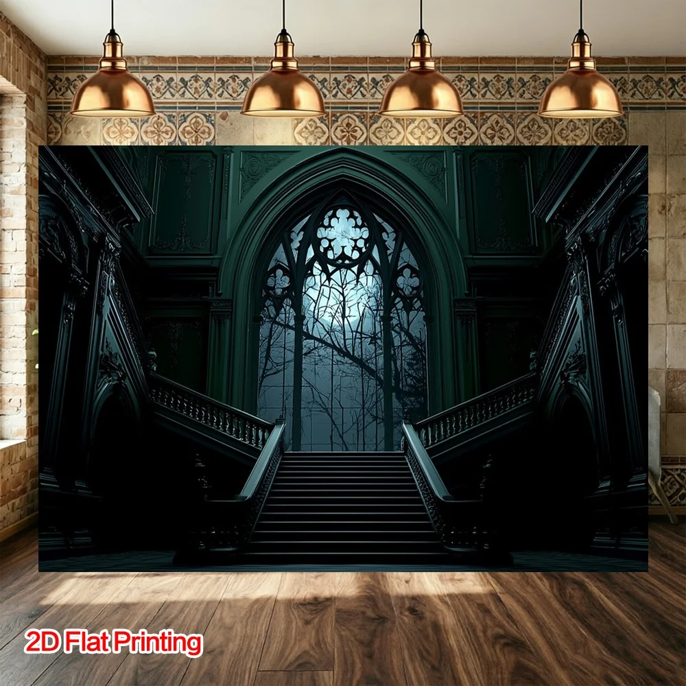 Fotografie-Hintergrund (2D flache Oberfläche) – 1 Stück – Halloween-Fotografie-Hintergrund mit gotischem Schloss und Treppenhaus.PMJ