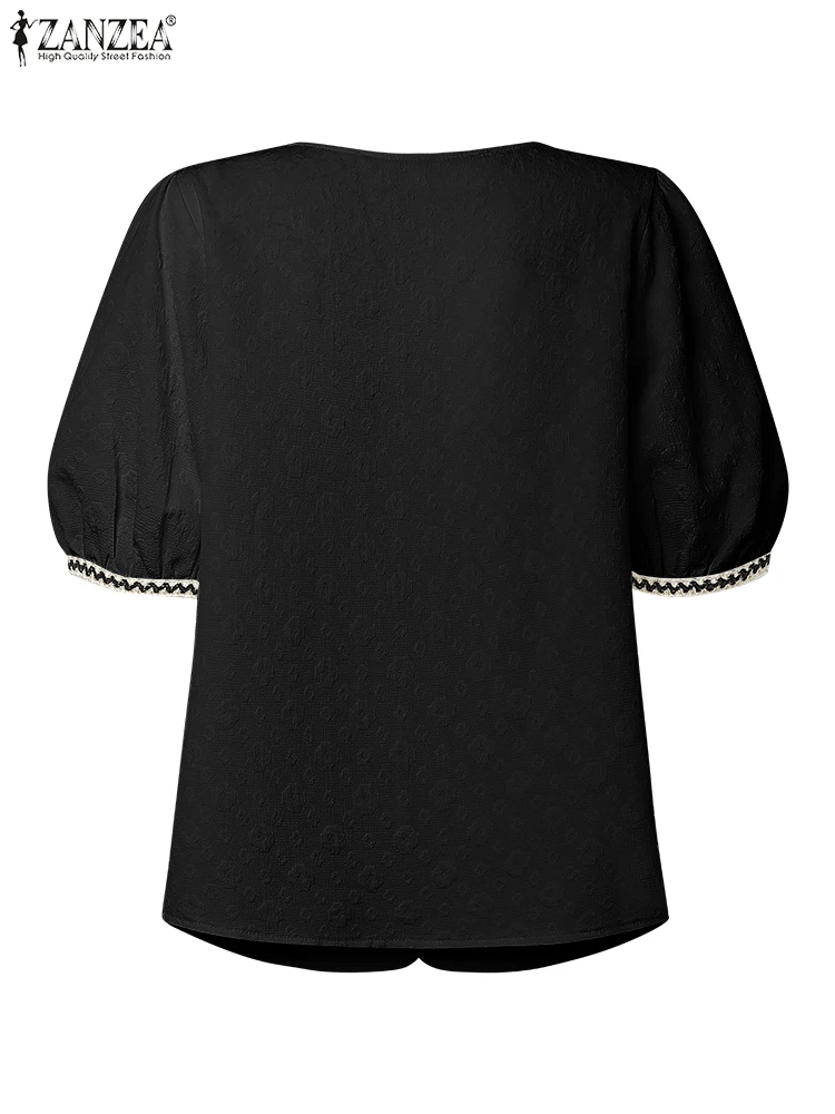 2025ZANZEA Elegante Splicing Ontwerp Werk Blouses Zomer Vrouwen Korte Bladerdeeg Mouw Kantoor Shirt Jacquard Tops Knoppen Blusas Mujer