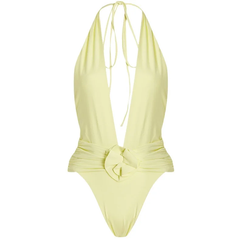 3D Floral Swimsuit Bikini Set Women Summer 2025 Eur Us Ru Solid Color Sexy Low Waist Lace Up Biquini Beach Swimsuit Jumpsuit New
