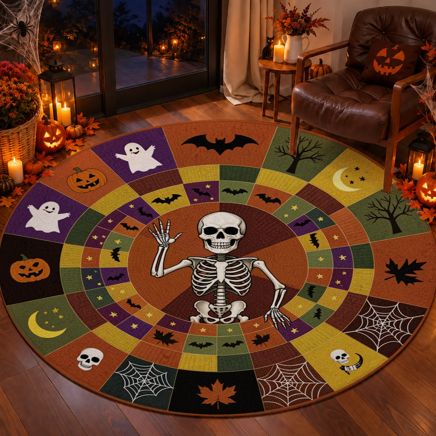 Round Rug with Skeleton Ghost Pumpkin Bat Spider Web Print, Velvet, Machine Washable, Stays Firmly In Place, Ideal for Living Room, Bedroom, Entryway, Perfect for Halloween, Thanksgiving, Christmas, New Year, Black Friday, Cyber Monday Decor