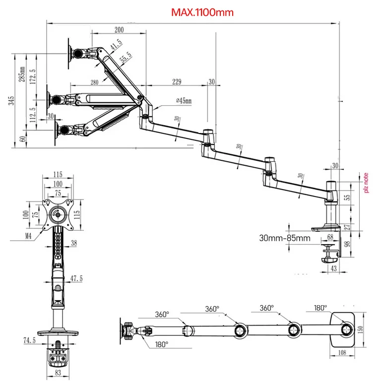 (1098mm) DL-8014 mechanical spring 3-6KG extra long arm clamp grommet 100x100 75x75 monitor holder 17"-32" monitor desktop stand