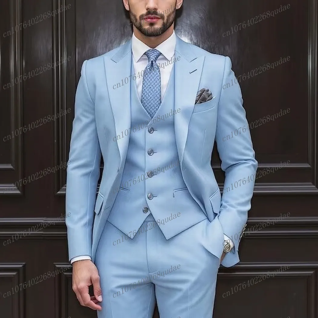 

Небесно-голубой мужской костюм для торжественных случаев, свадебная вечеринка, жених, жених, мужской деловой костюм-смокинг, комплект из 3 предметов, пиджак, жилет, брюки