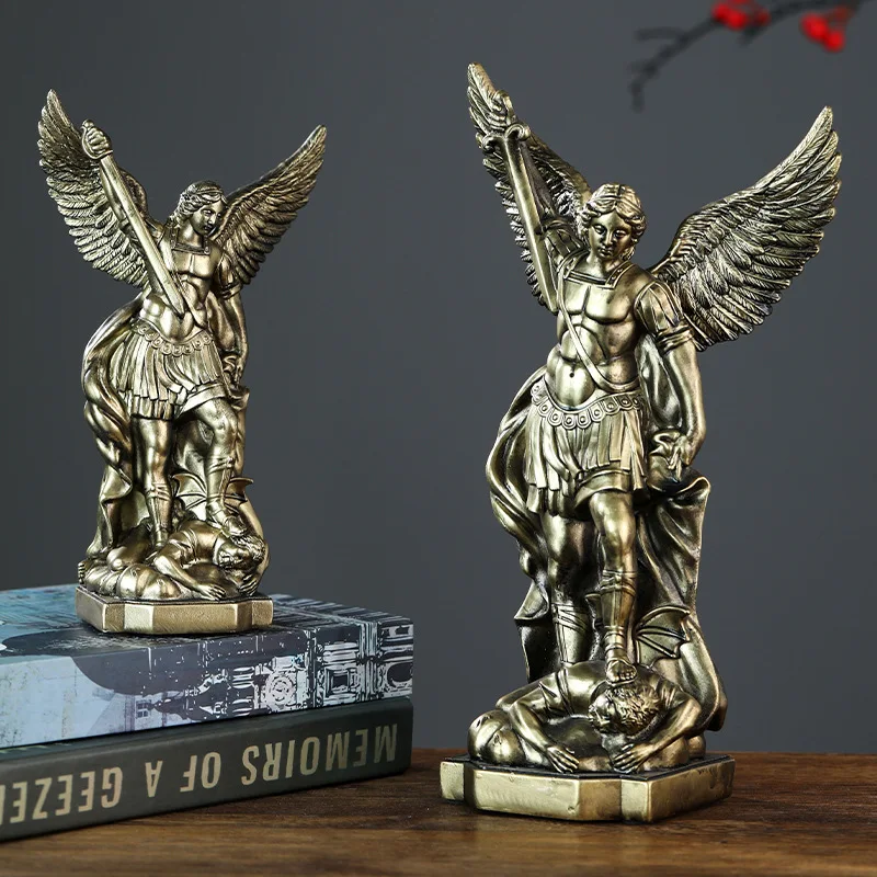 San Miguel Archangel Statue Resin Imitation Household Ornaments Retro Mythology Angel Figurine Christian Desktop Decorations