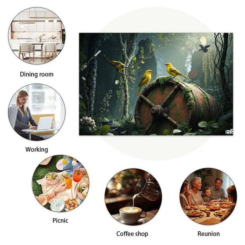 طقم مفرش طاولة مكون من 4 قطع، تصميم مستطيل، موضوع غابة ريفي، سهل التنظيف، مثالي للديكور المنزلي والموسمي.