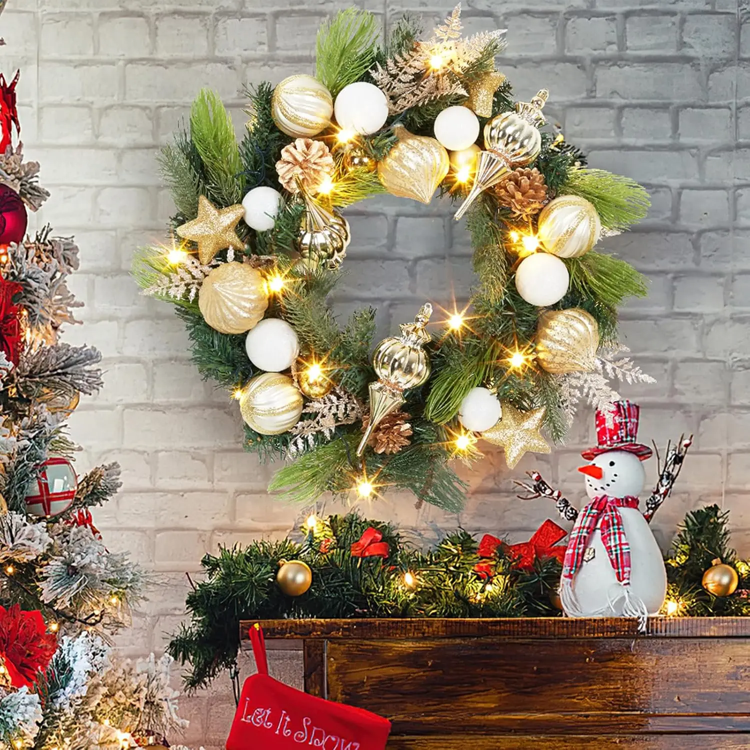 Garvee 18 Inch Pre-Lit Christmas Wreath Outdoor Lighted Christmas Wreath with Pine Cones, Berry, Colorful Lights for Front Door Artificial Xmas Wreath for Holiday Party Decorations view 8