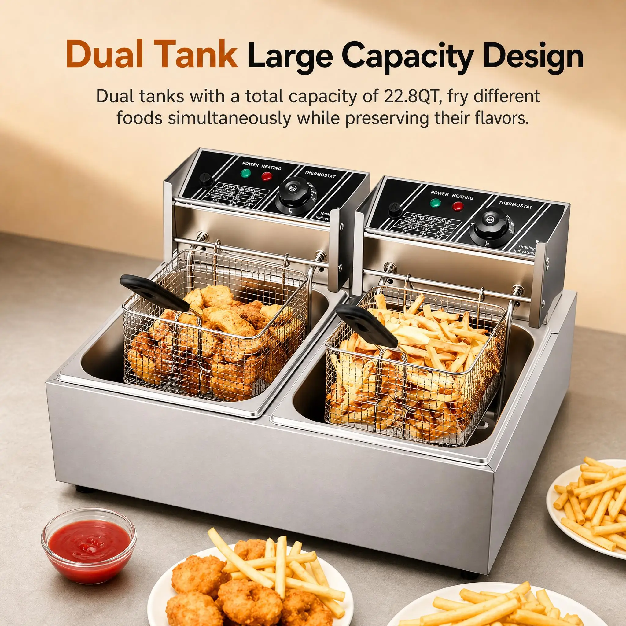 Commercial Deep Fryer, 3400W Electric Countertop Fryer with 2 Baskets & Lids, 22.8QT Dual Tank Stainless Steel Deep Fryer for Restaurant, Food Truck, Party