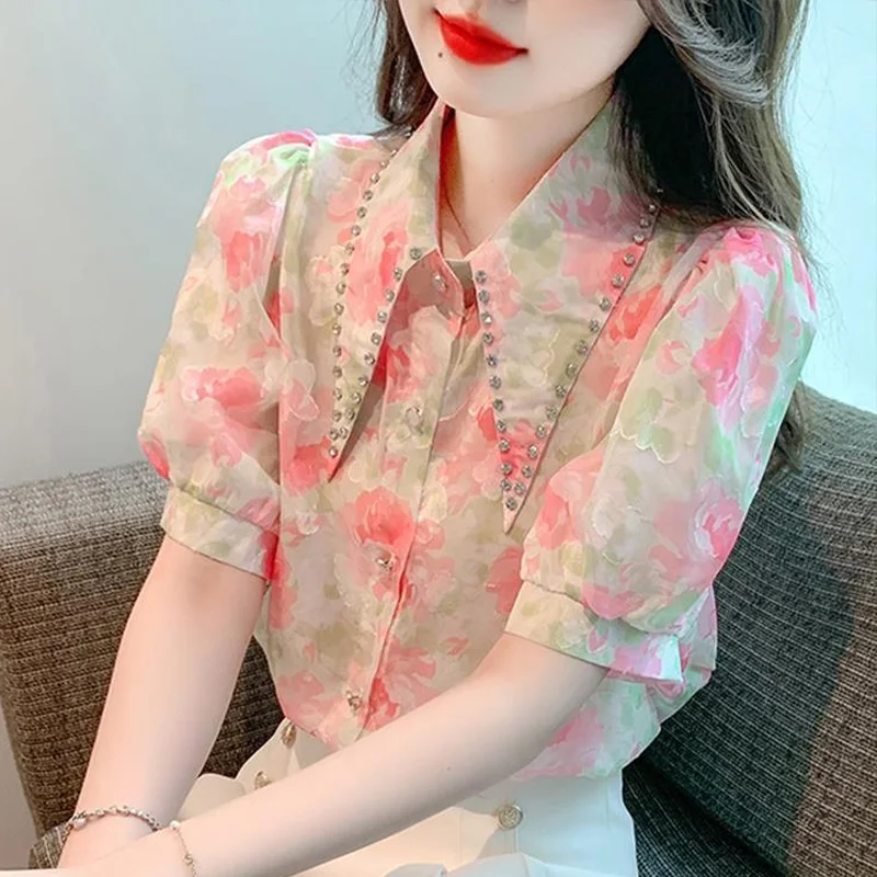 

High Street Casual Short Sleeved Unique Women's Chiffon Shirt 2024 Summer New French Sweet Floral Printed Shirt Top for Women